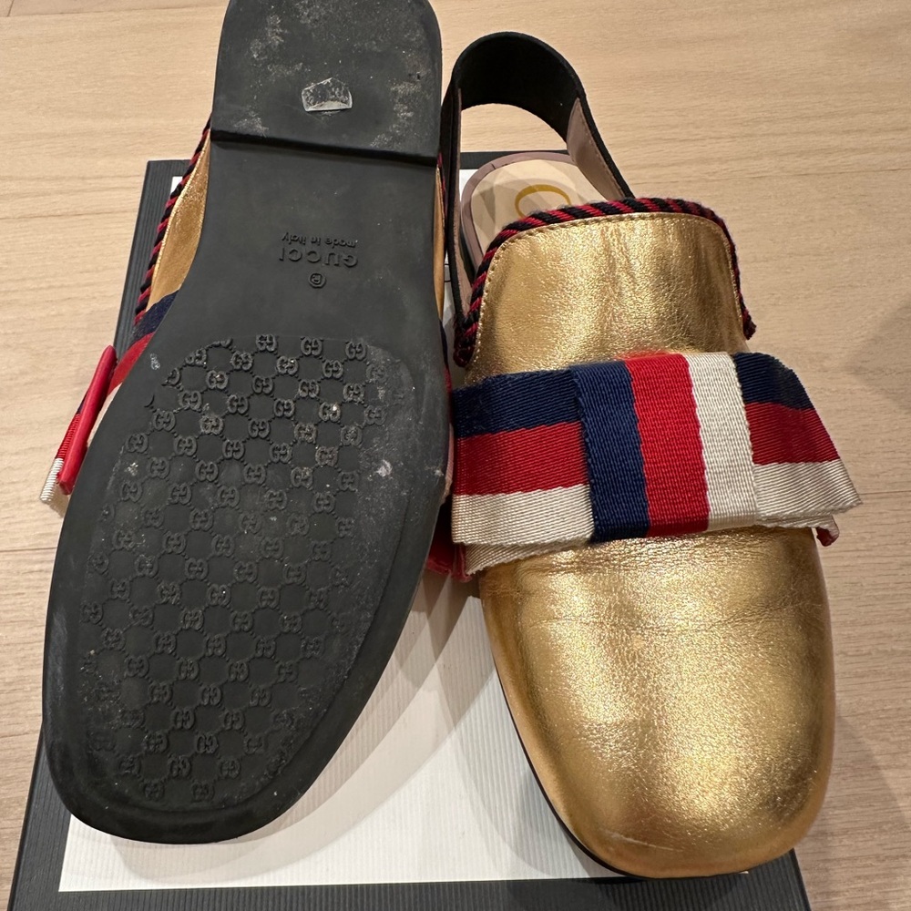 Gucci Gold Slip-On Loafers with Red and Blue Accents